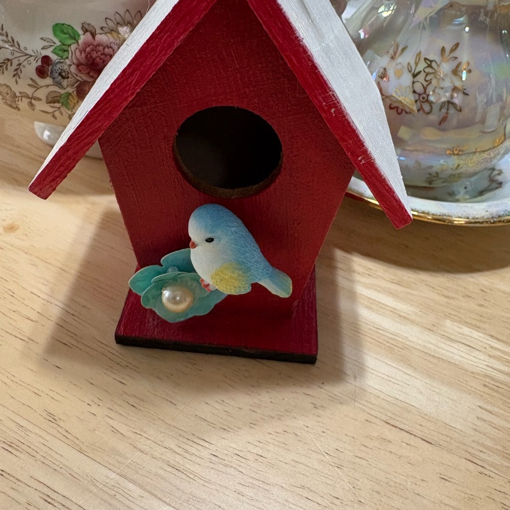 Red Wooden Birdhouse with Blue Bird Accent made with Vintage Repurposed Jewelry